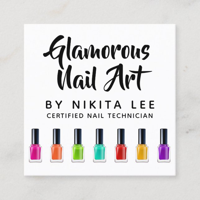 Bright Rainbow Nail Polish Art Tech Salon Custom Square Business Card (Front)