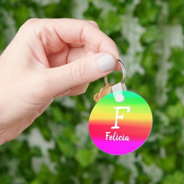 Bright Rainbow Ombre Colour Gradient Monogram Name Keychain (Hand)
