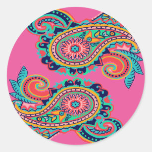 Bright Rainbow Paisley Collection Teal Orange Pink Classic Round Sticker