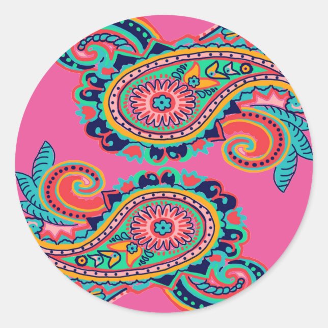 Bright Rainbow Paisley Collection Teal Orange Pink Classic Round Sticker (Front)