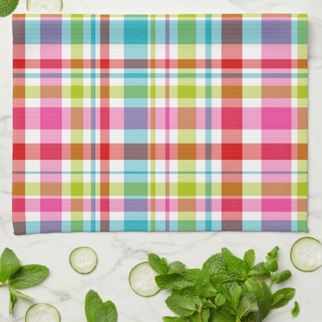Bright Rainbow Plaid Checkered Pattern Kitchen Towel (Folded)