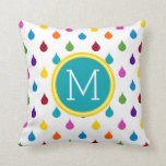 Bright Rainbow Raindrops Monogram Throw Pillow<br><div class="desc">This cute pillow features a bright raindrop pattern in shades of red,  orange,  yellow,  green,  blue,  purple,  pink and teal on white.  Personalize the matching teal and yellow monogram with your choice of initial.</div>