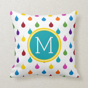 Bright Rainbow Raindrops Monogram Throw Pillow