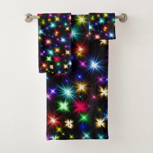 Bright Rainbow Sparkles, Stars & Fireworks Bath Towel Set (Insitu)