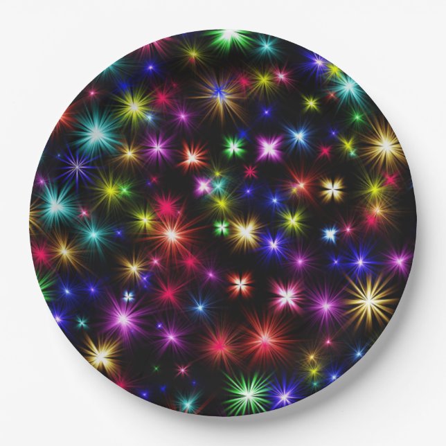 Bright Rainbow Sparkles, Stars & Fireworks Paper Plate (Front)