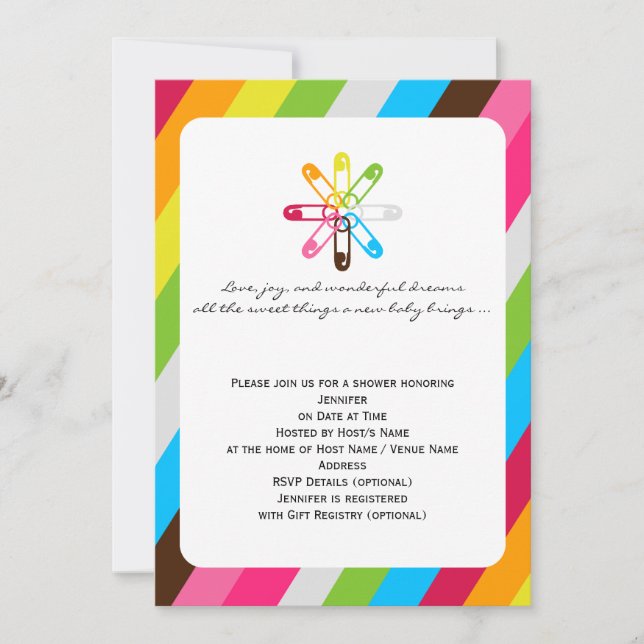Bright Rainbow Stripe Diaper Pin Baby Shower Invitation (Front)