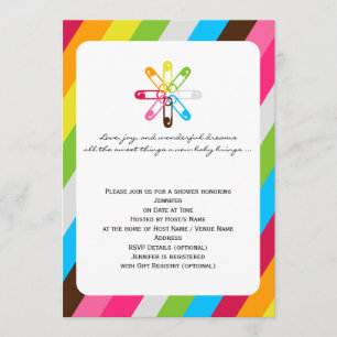 Bright Rainbow Stripe Diaper Pin Baby Shower Invitation