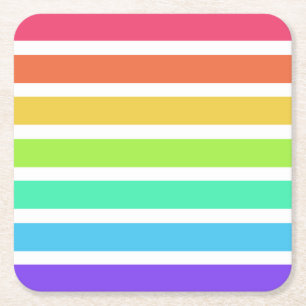 Bright rainbow stripes square paper coaster