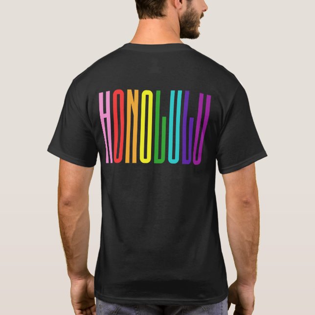 Bright Rainbow Text LGBTQ Honolulu Gay Pride LGBT T-Shirt (Back)