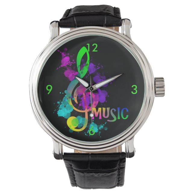 Bright Rainbow Treble Clef Music Paint Splatter Watch (Front)