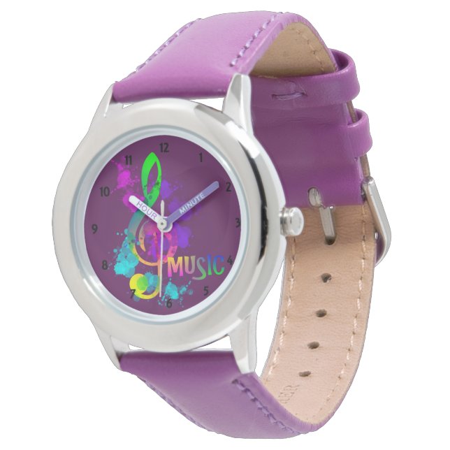 Bright Rainbow Treble Clef Music Paint Splatter Watch (Angled)