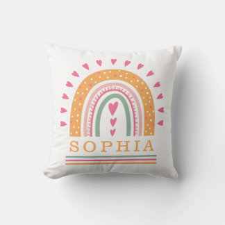 Bright Rainbow with Hearts and Name Throw Pillow