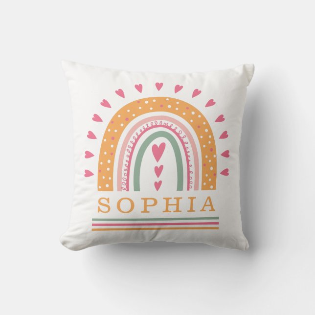 Bright Rainbow with Hearts and Name Throw Pillow (Front)
