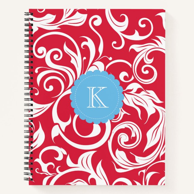 Bright Red and Blue Floral Scroll Monogram Notebook (Front)