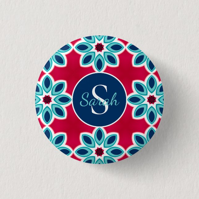 Bright Red and Blue Modern Geometric Personalised 1 Inch Round Button (Front)