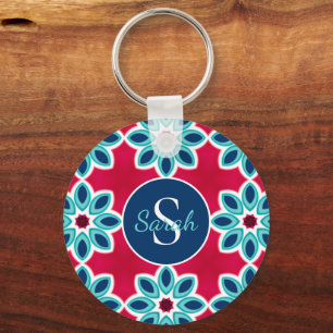 Bright Red and Blue Modern Geometric Personalised Keychain