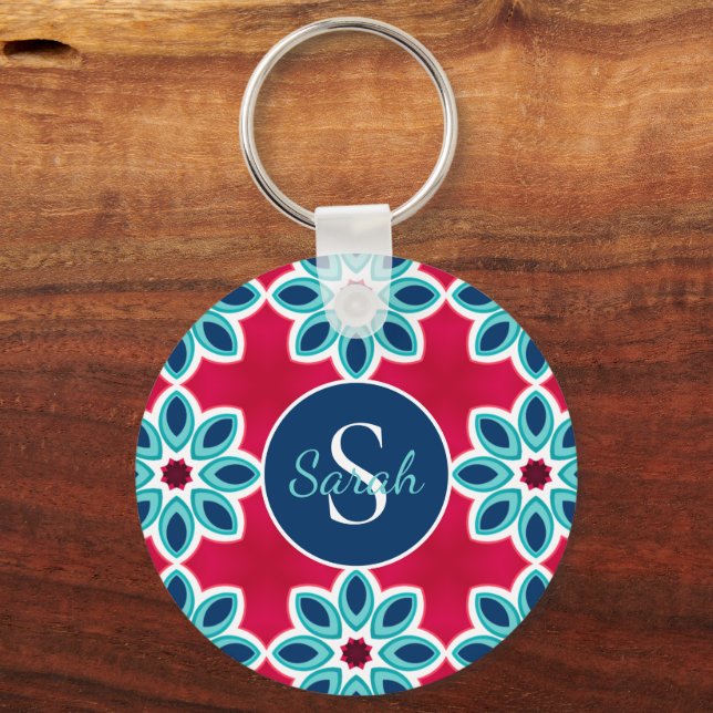 Bright Red and Blue Modern Geometric Personalised Keychain (Front)