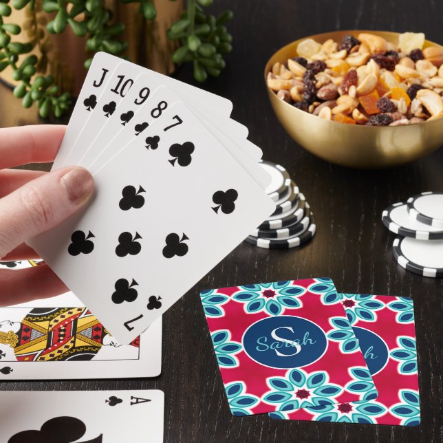 Bright Red and Blue Modern Geometric Personalised Playing Cards (In Situ)