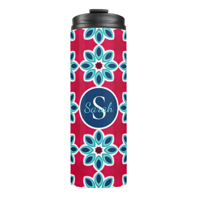 Bright Red and Blue Modern Geometric Personalised Thermal Tumbler (Front)