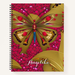 Bright Red and Gold Butterfly Personalized Name Notebook
