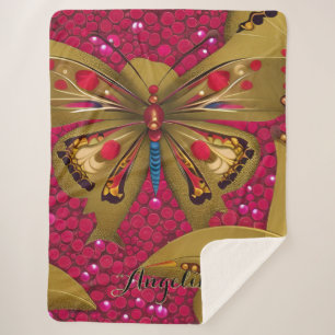 Bright Red and Gold Butterfly Personalized Name Sherpa Blanket