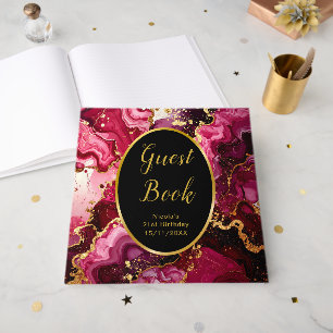 Bright Red and Gold Marble Agate Birthday Party Guest Book