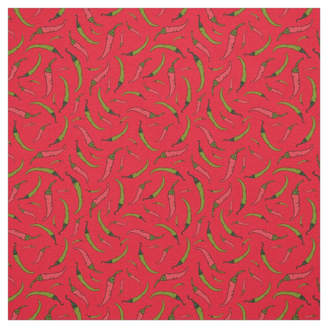 Bright Red and Green Chilli Pepper Food Pattern Fabric (Swatch)