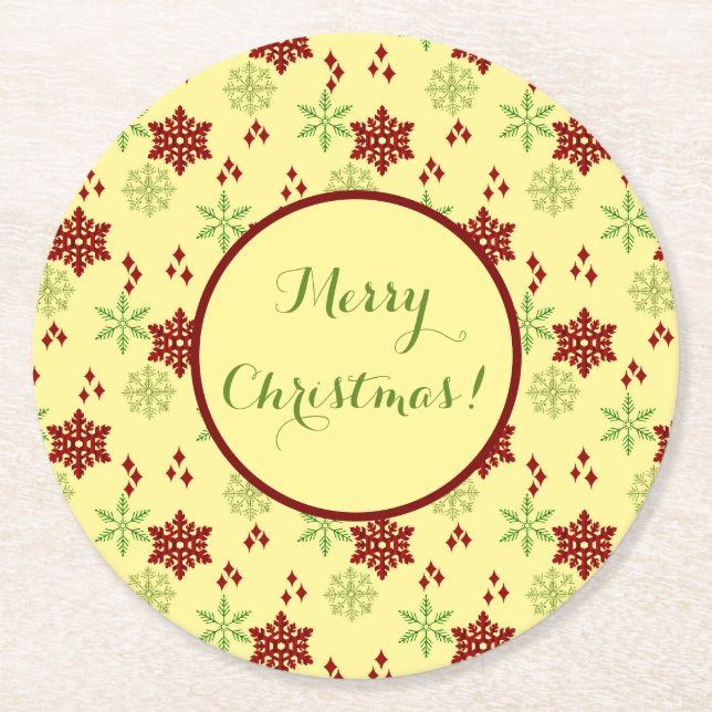Bright Red and Green Snowflakes Pattern Round Paper Coaster (Front)