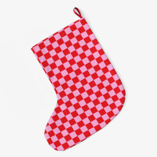 Bright Red and Light Pink Checkered Large Christmas Stocking