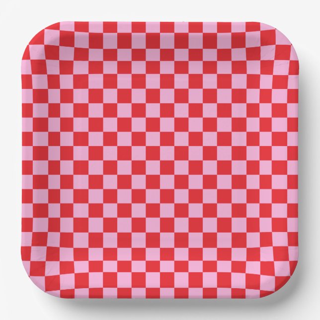 Bright Red and Light Pink Checkered Paper Plate (Front)