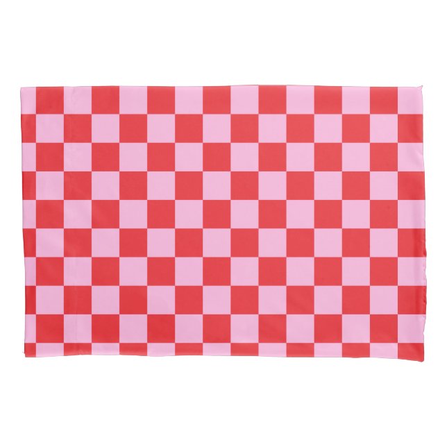 Bright Red and Light Pink Chequered Pillowcase (Front)
