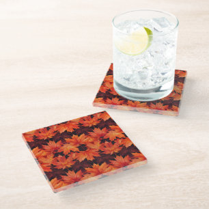 BRIGHT RED AND ORANGE FALL AUTUMN LEAVES GLASS COASTER