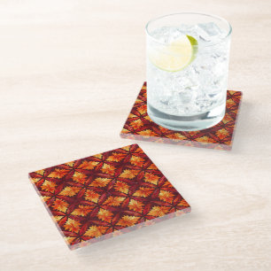 BRIGHT RED AND ORANGE FALL AUTUMN LEAVES GLASS COASTER