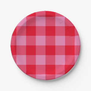 Bright Red and Pink Buffalo Plaid Paper Plate