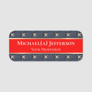 Bright Red And Seven Golden Stars On Blue Stylish Name Tag