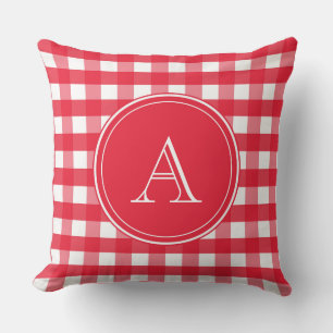 Bright Red and White Gingham Monogram Throw Pillow