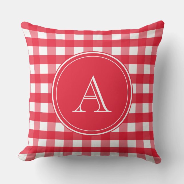 Bright Red and White Gingham Monogram Throw Pillow (Front)