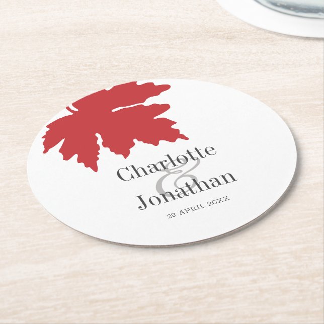 Bright Red Autumn Maple Leaf Wedding/Engagement    Round Paper Coaster (Angled)