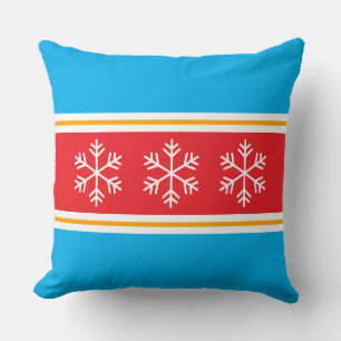 Bright Red Azure Blue Stripes White Snowflakes Throw Pillow