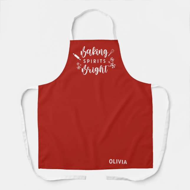 Bright Red Baking Spirits Holiday Apron with Name (Front)