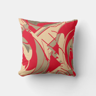 Bright Red Beige Taupe Lush Leaves Floral Design Throw Pillow