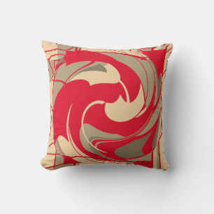 Bright Red Beige Taupe Swirling Abstract Flower Throw Pillow