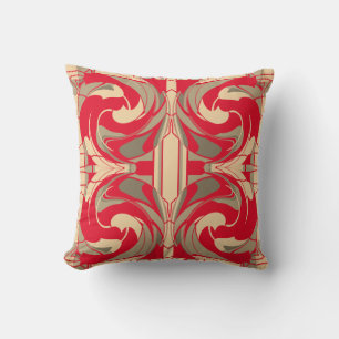 Bright Red Beige Taupe Swirling Ornate Large Tiles Throw Pillow