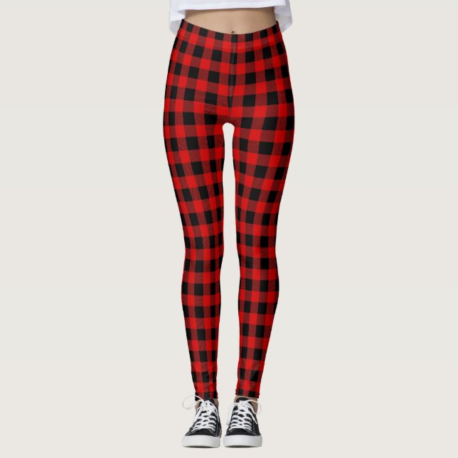 Bright Red Black Buffalo Plaid Tartan Leggings (Front)