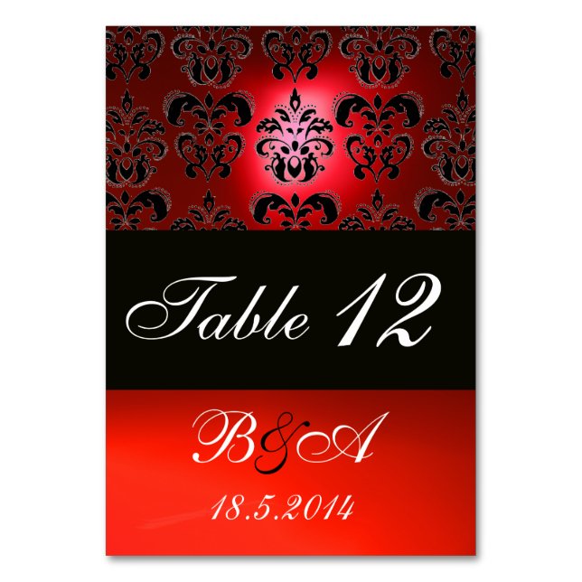 BRIGHT RED BLACK WHITE CLASSY DAMASK MONOGRAM TABLE NUMBER (Back)