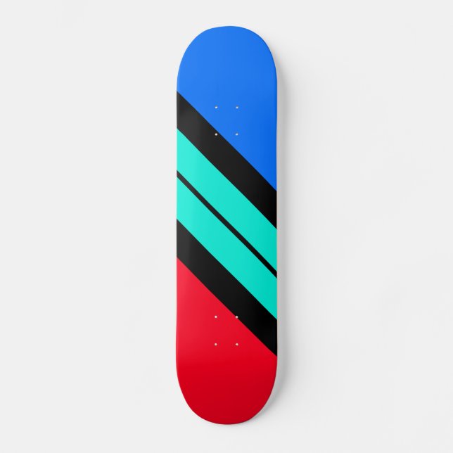 Bright Red Blue Black Aqua Diagonal Racing Stripe Skateboard (Front)