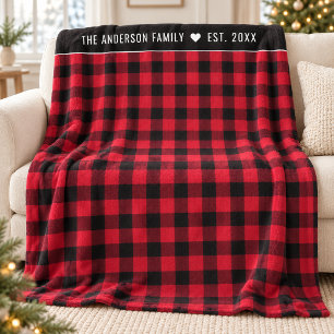 Bright Red Buffalo Plaid Family Name Fleece Blanket