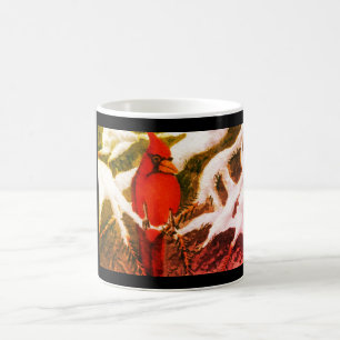 Bright red Cardinal bird in snowy pines  Coffee Mu Mug