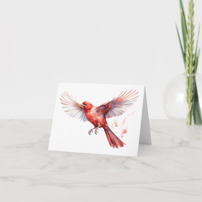 Bright Red Cardinal in Flight Holiday Card – Blank (Front)