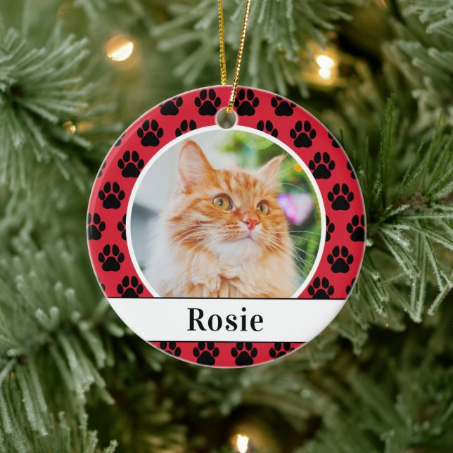 Bright Red Cat Photo Script Name Paw Print Ceramic Ornament (Tree)